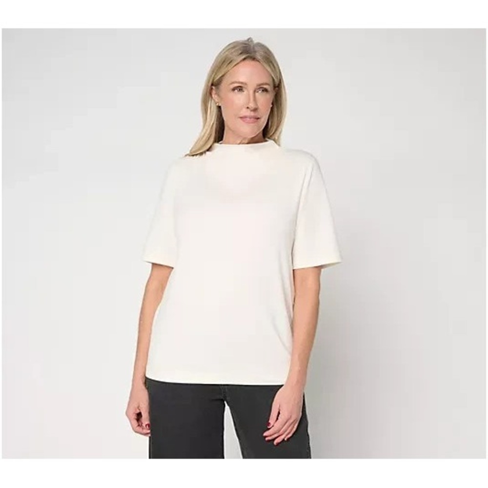 Peace Love World Shirred Shoulder Funnel Neck Tee Pristine, Large